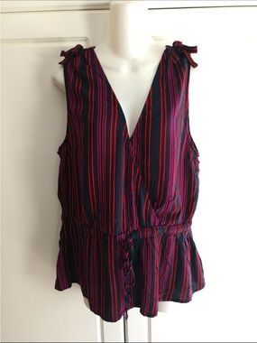 A New Day Navy Striped Tie-Shoulder V-Neck Peplum Top
